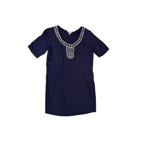 Lilly Puitzer Sarah Beaded Tunic Dress Navy Blue Beachy Coastal Resort Size Med